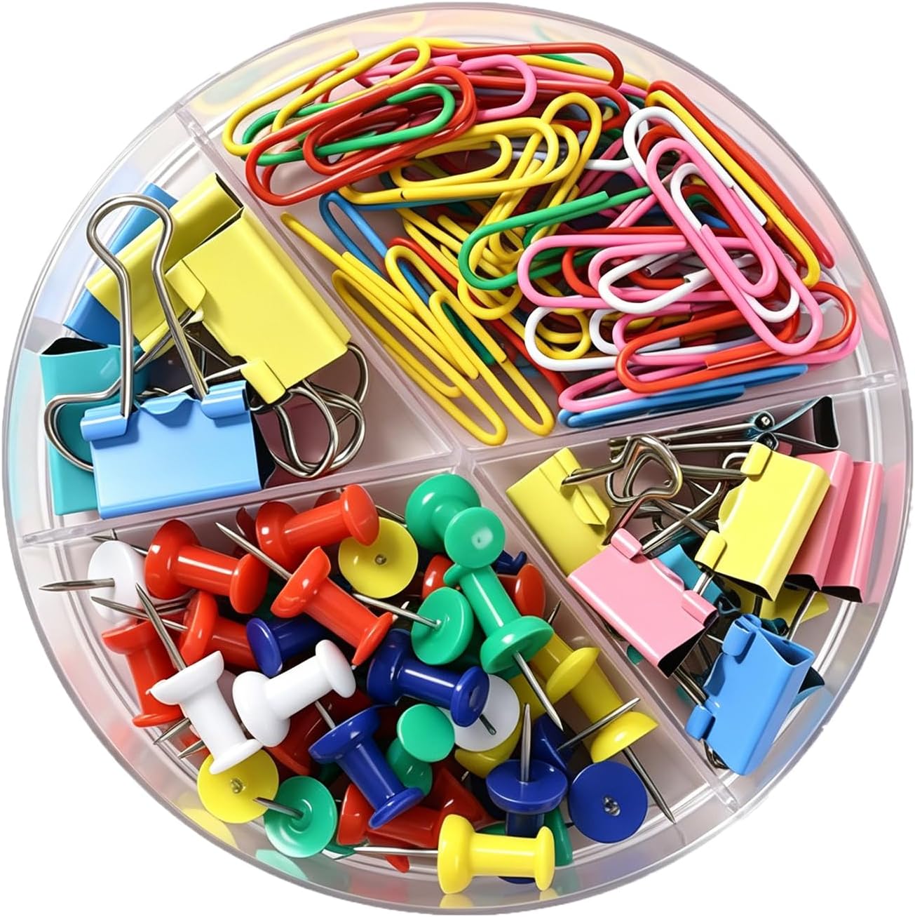 Round four-compartment organizer filled with colored paper clips, binder clips and push pins