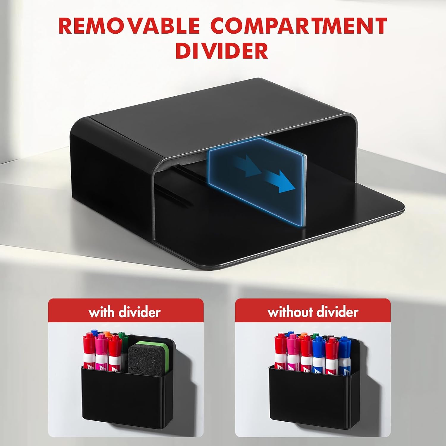 Black magnetic pen and marker holder with removable compartment divider