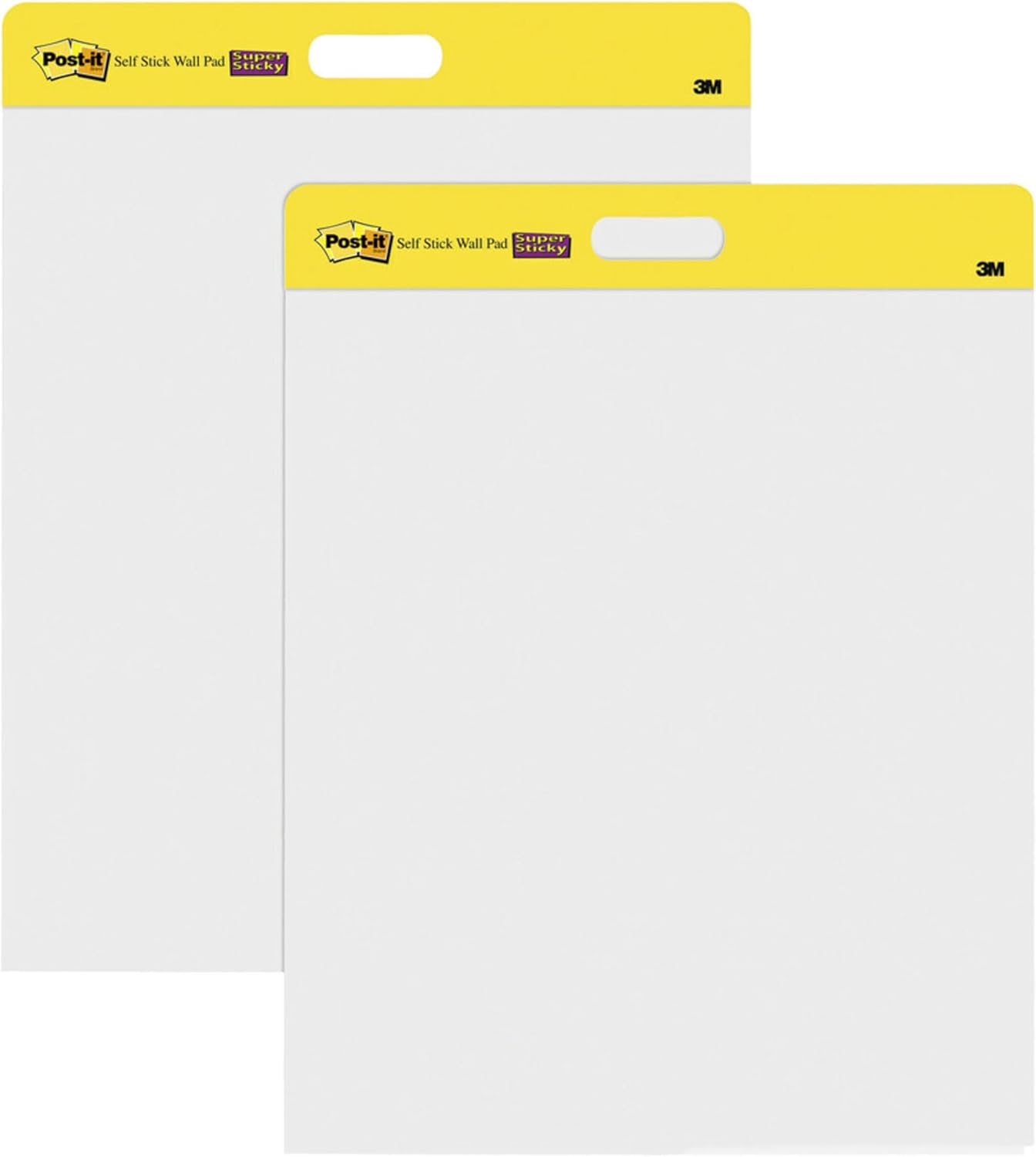 Two Post-it Super Sticky self-stick wall pads with yellow headers