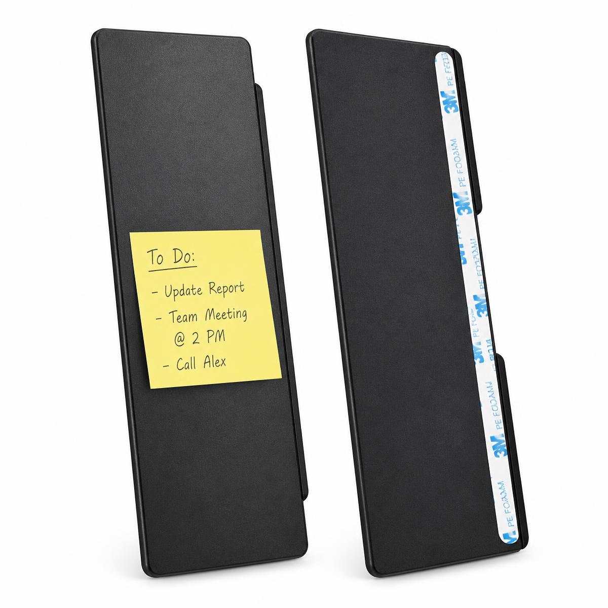 Pair of black monitor side memo boards, one holding a yellow sticky note